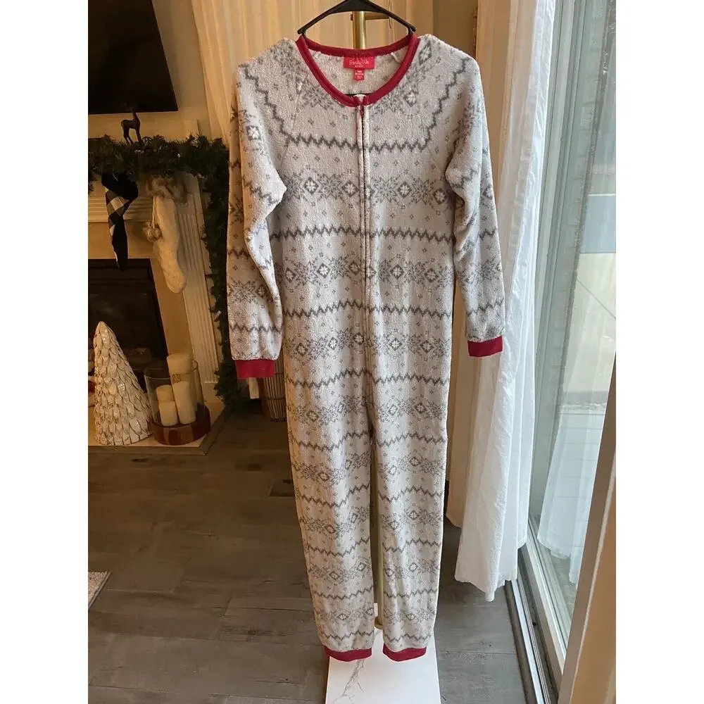 Family PJS Matching Kids Winter Fairisle Hooded One-Piece Gray Size XL No Hood - Picture 1 of 3